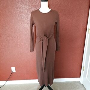Zara Brown Ribbed Long-Sleeve Maxi Dress with Front Tie